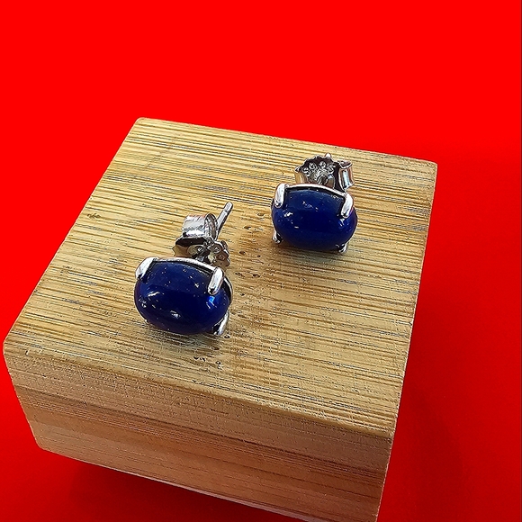 Natural Lapis Lazuli 925 Sterling Silver Stud Earrings - Picture 8 of 10